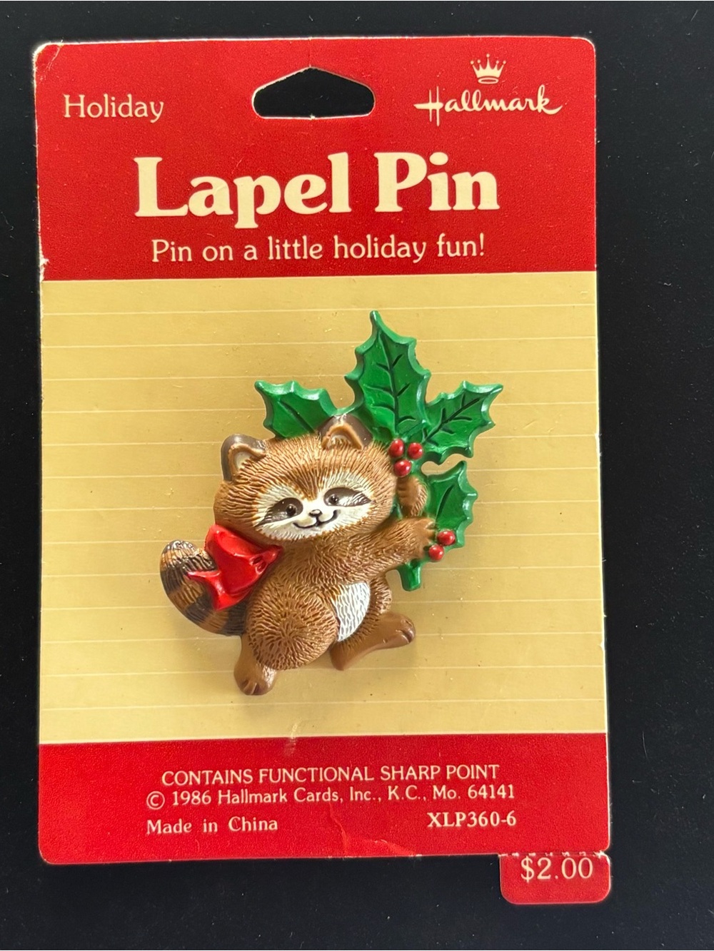 Vintage Hallmark Christmas- Holiday Pin Raccoon and Holly Berries